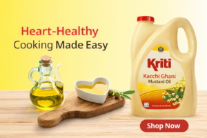 Kriti Mustard Oil banner with heart-healthy cooking theme and “Shop Now” CTA